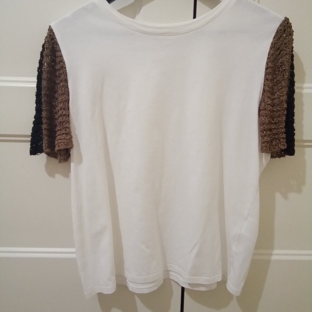 Zara womens white tshirt with black brown laced sleeves